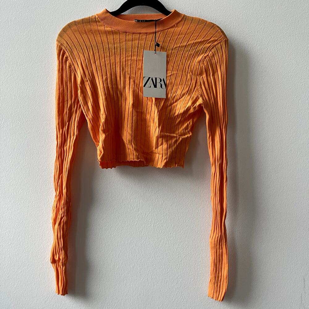NWT - Zara Ribbed Long Sleeve Mock Neck  Crop Top In Orange - Small